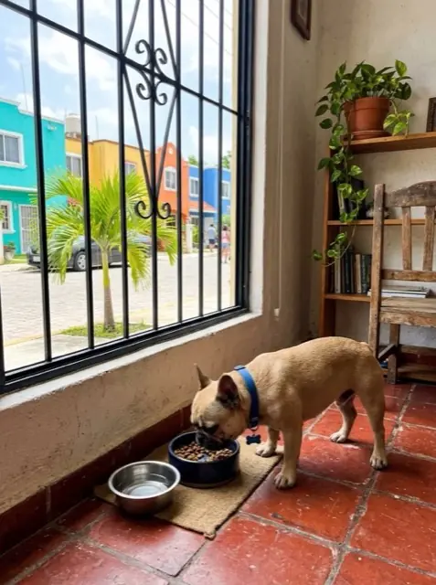 Perro comiendo de su plato junto a la ventana